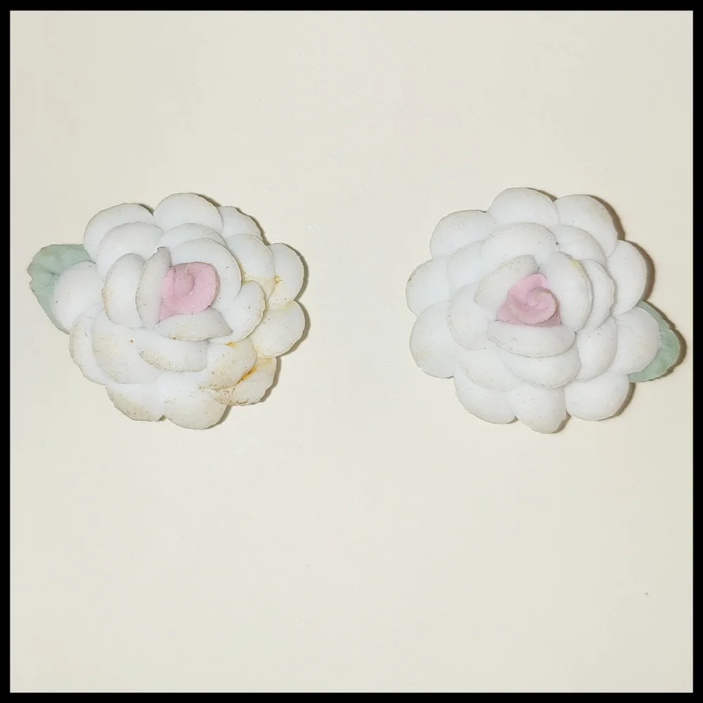 Vintage Porcelain White/Pale Pink Rose Post Earrings